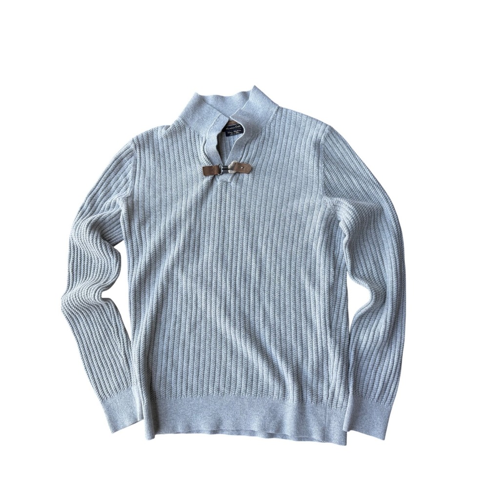 Massimo Dutti Mens Medium Gray Cotton Cashmere Ribbed Quarter Zip Pullover